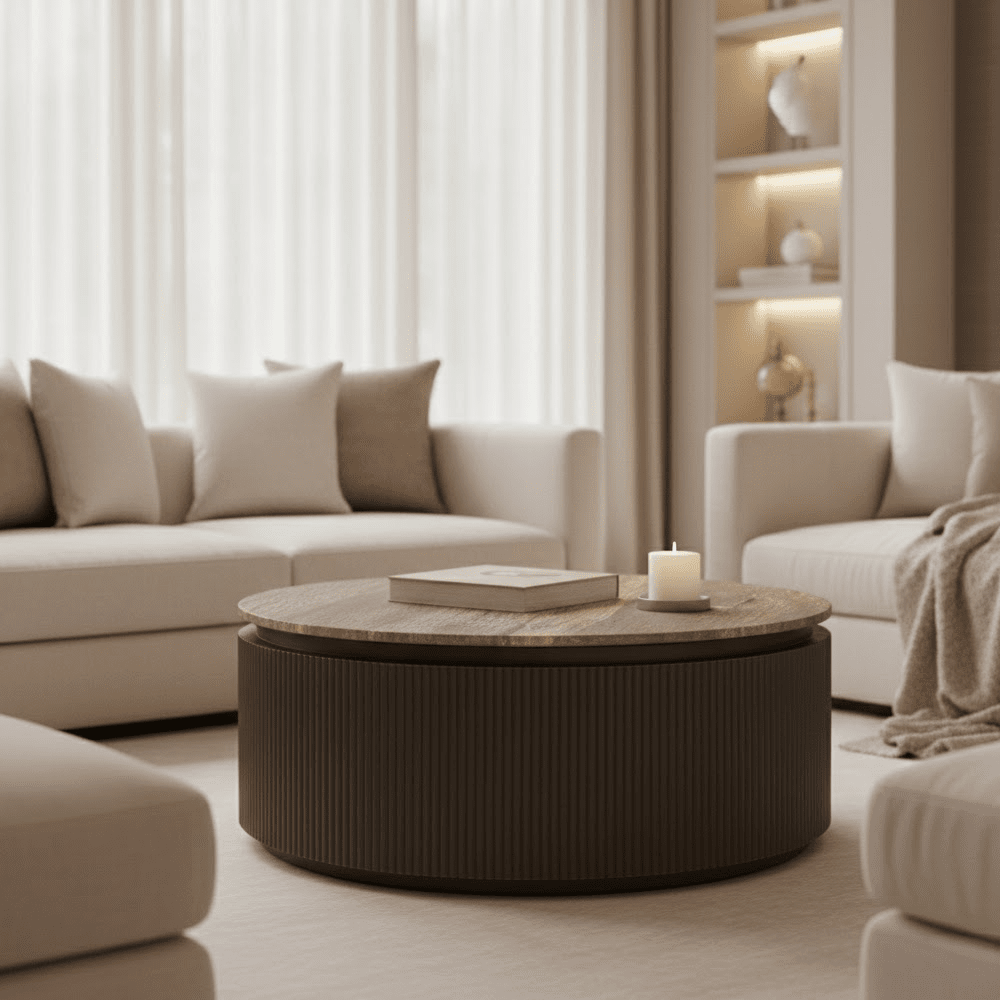 Aya Brown Ribbed Round Coffee Table with Travertine Top Furniture