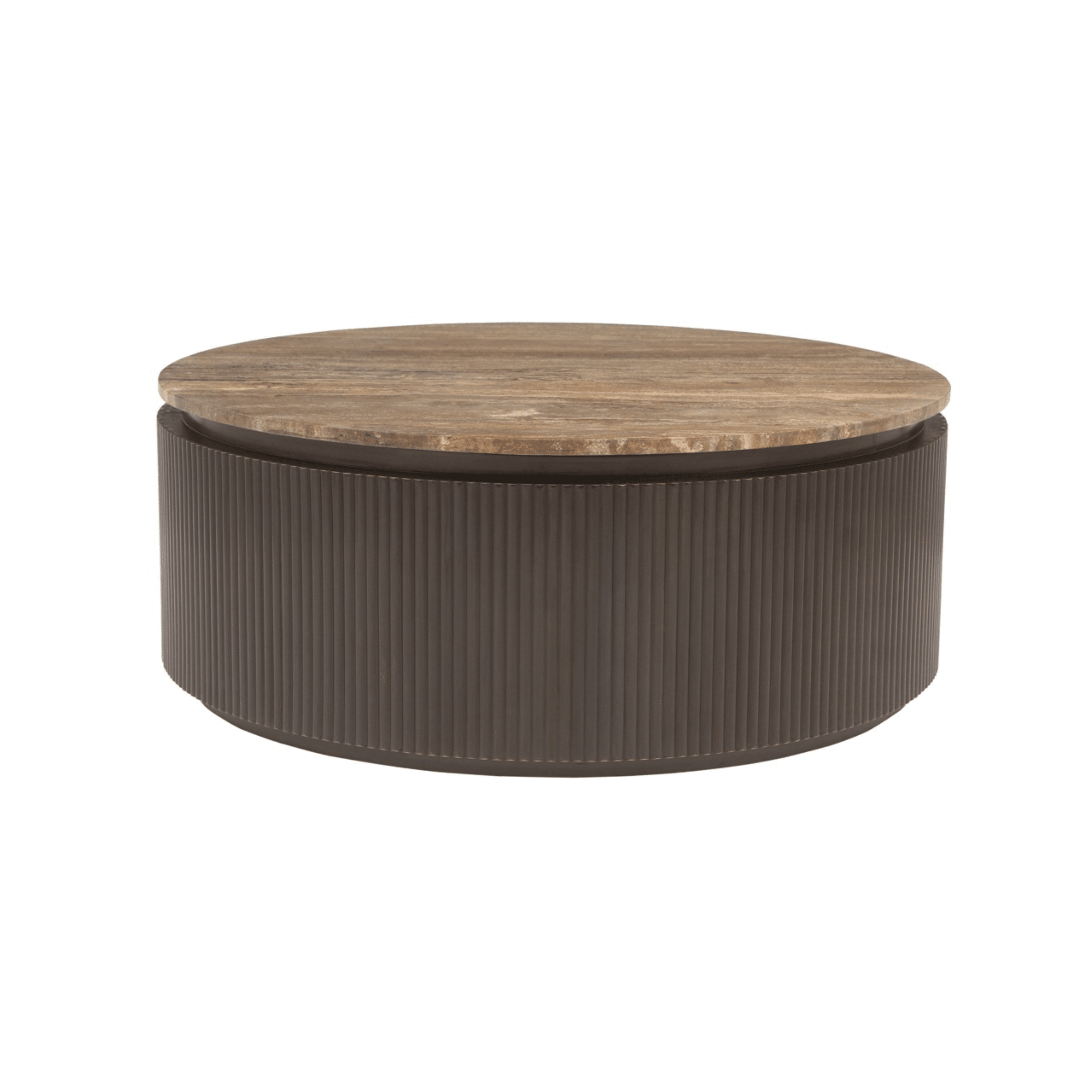 Aya Brown Ribbed Round Coffee Table with Travertine Top Furniture