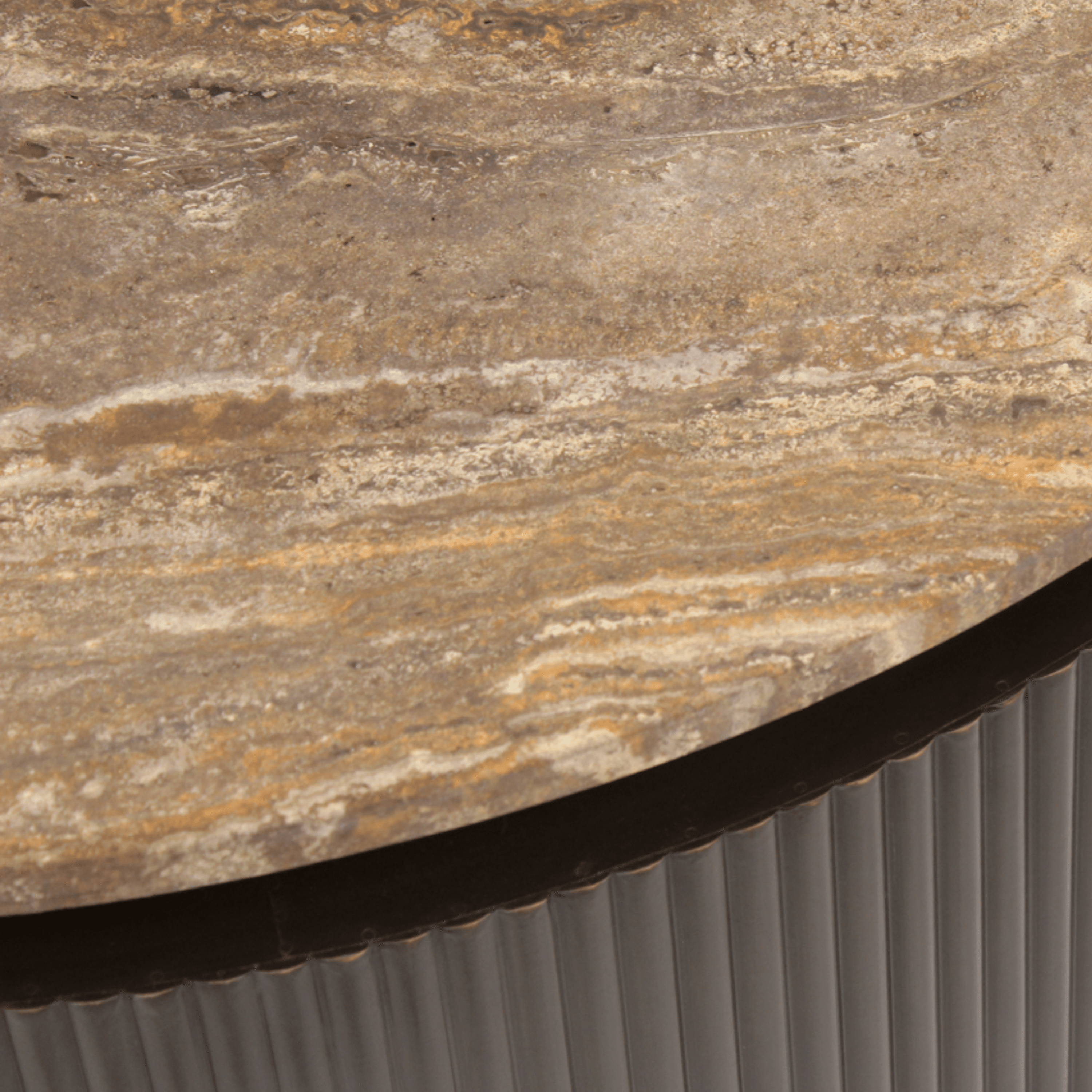 Aya Brown Ribbed Round Coffee Table with Travertine Top Furniture