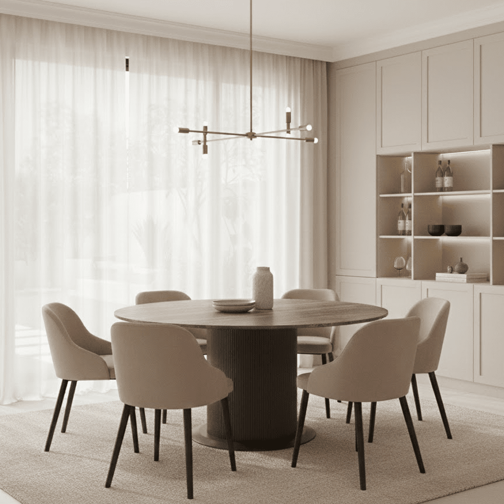 Aya Brown Ribbed Round Dining Table with Travertine Top Furniture
