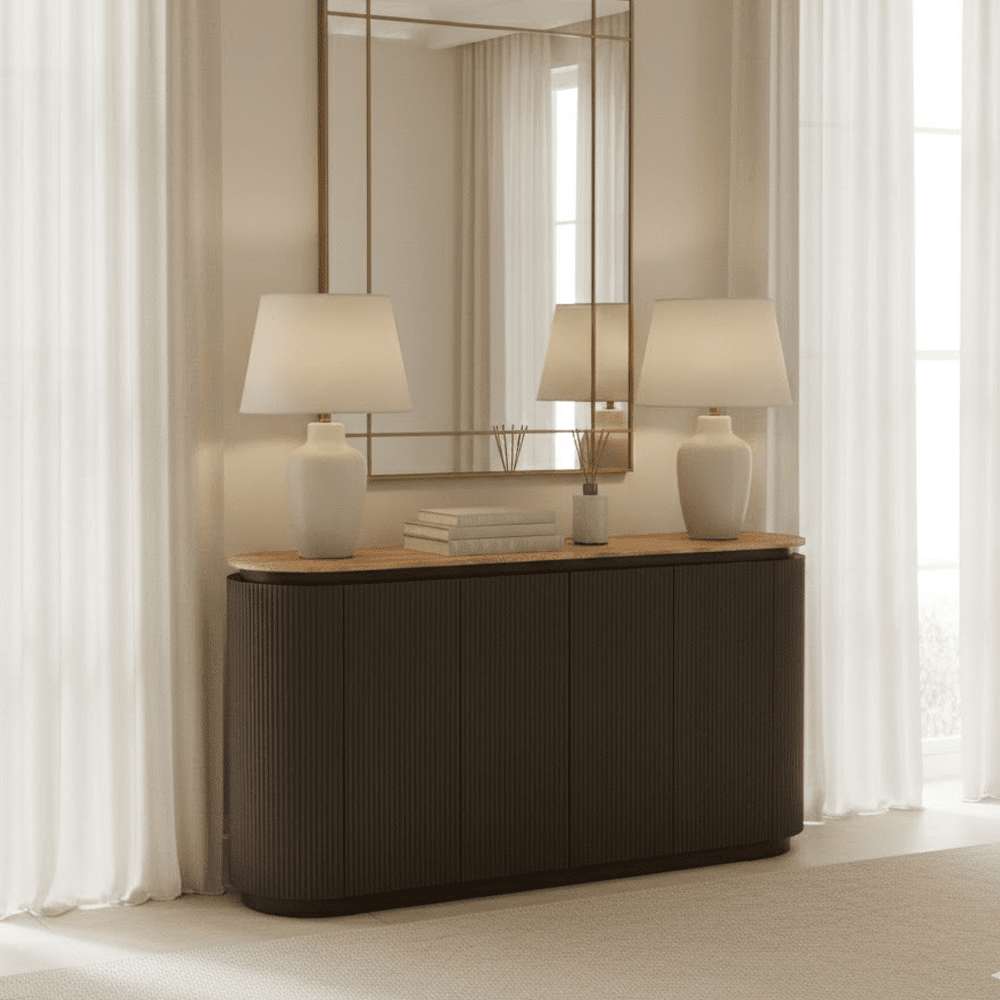 Aya Brown Ribbed Sideboard with Travertine Top Furniture