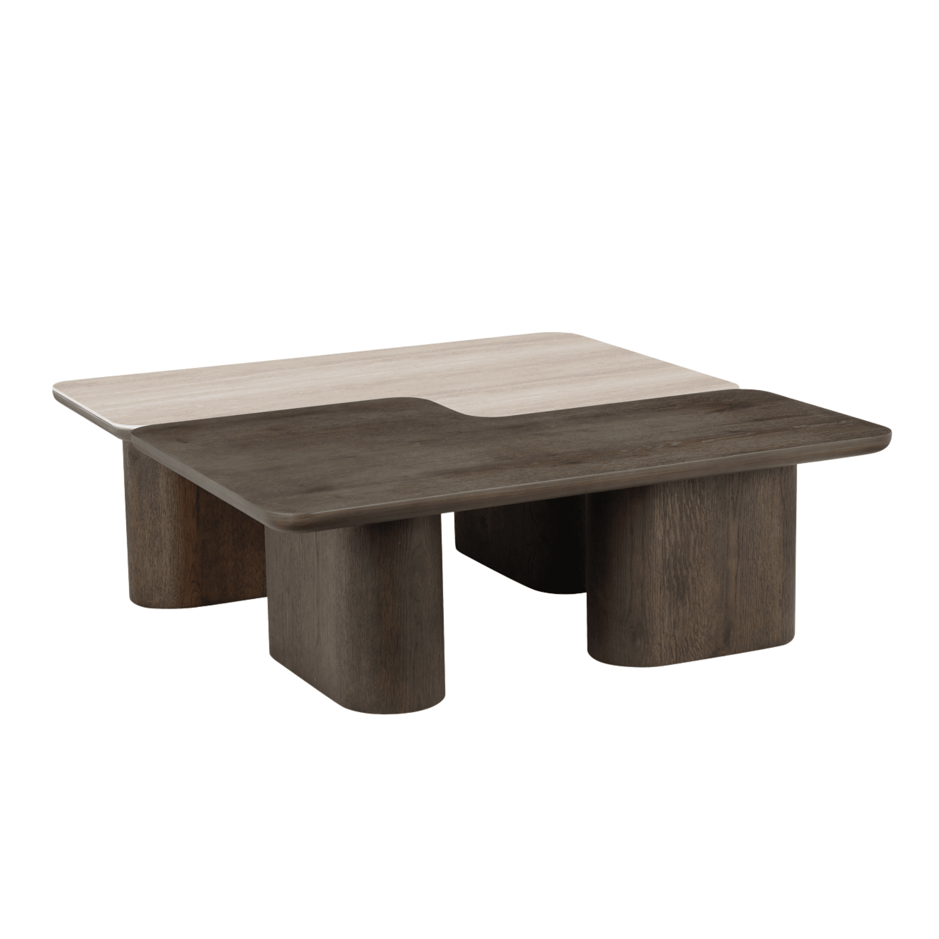 Balerno Deep Brown Wooden & Travertine Contrast Coffee Tables - Set of 2 Furniture