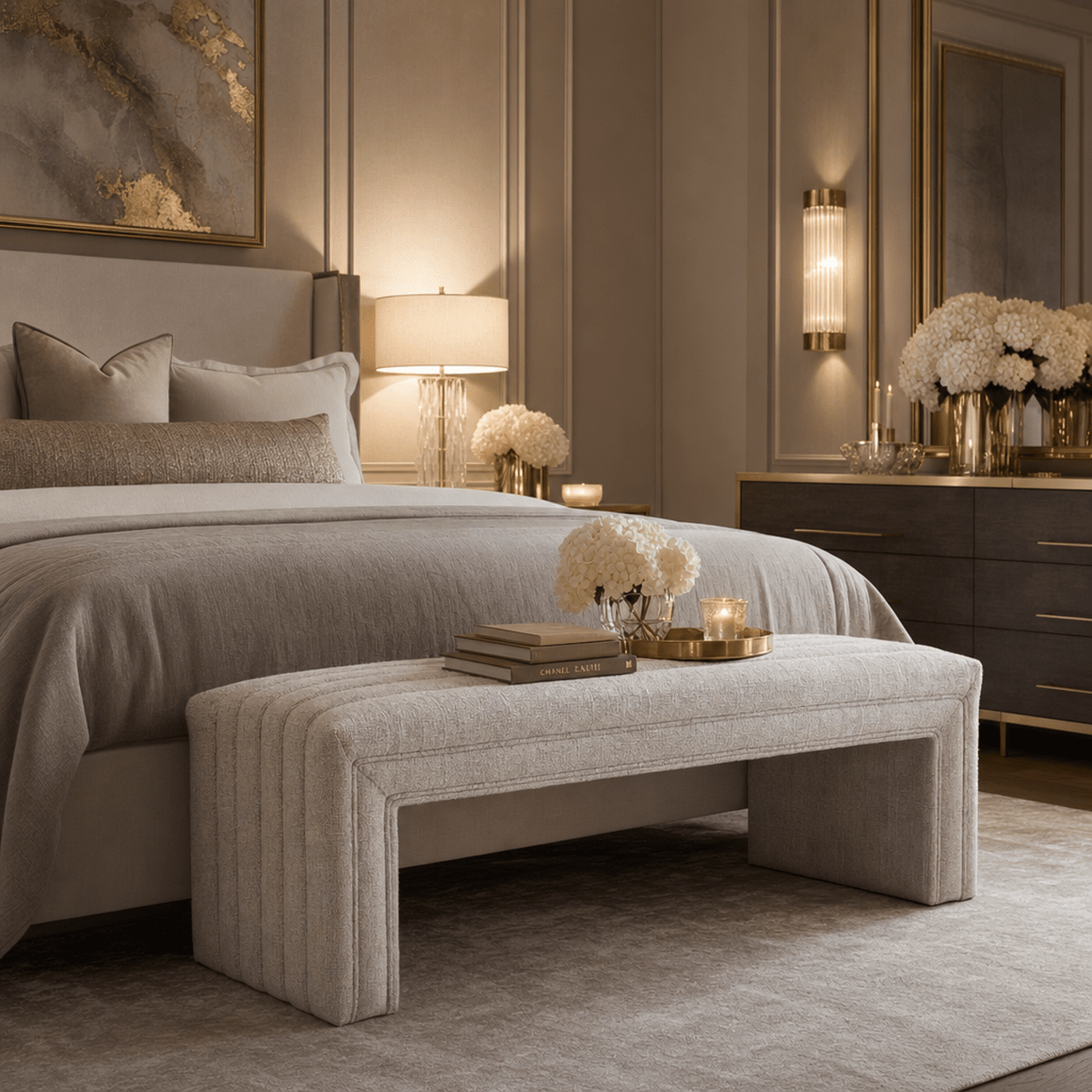 Balkan Cream Chenille Bench with Channel Stitching Furniture
