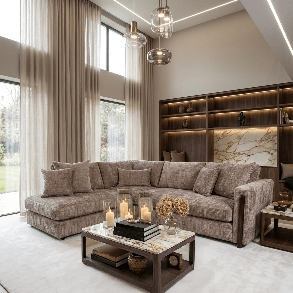 Brooklyn Mink Textured Chenille Sofa Range with Walnut Leg Detail Sofa Chaise End Sofa - Left Hand Facing