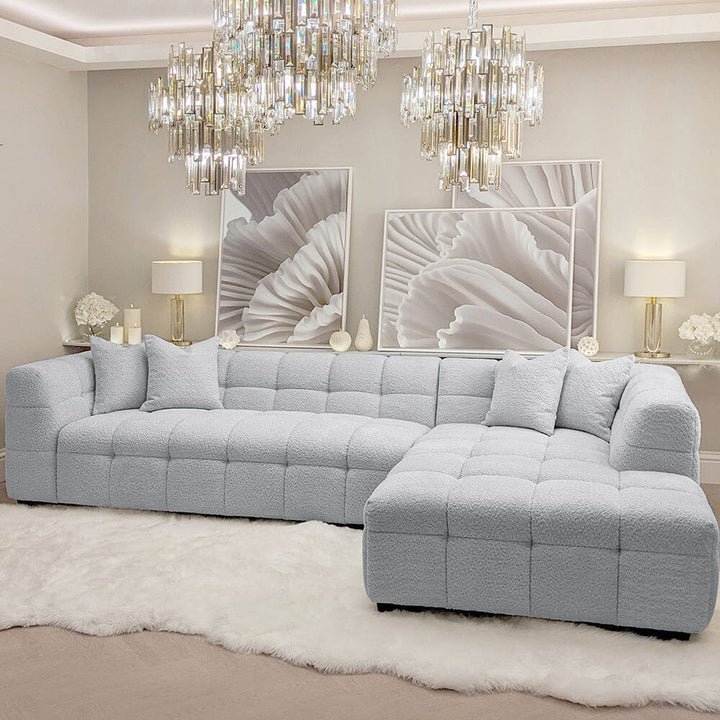 Bubble Tufted Pearl Grey Boucle Chunky Sofa Range Sofa Chaise End Sofa - Right Hand Facing 