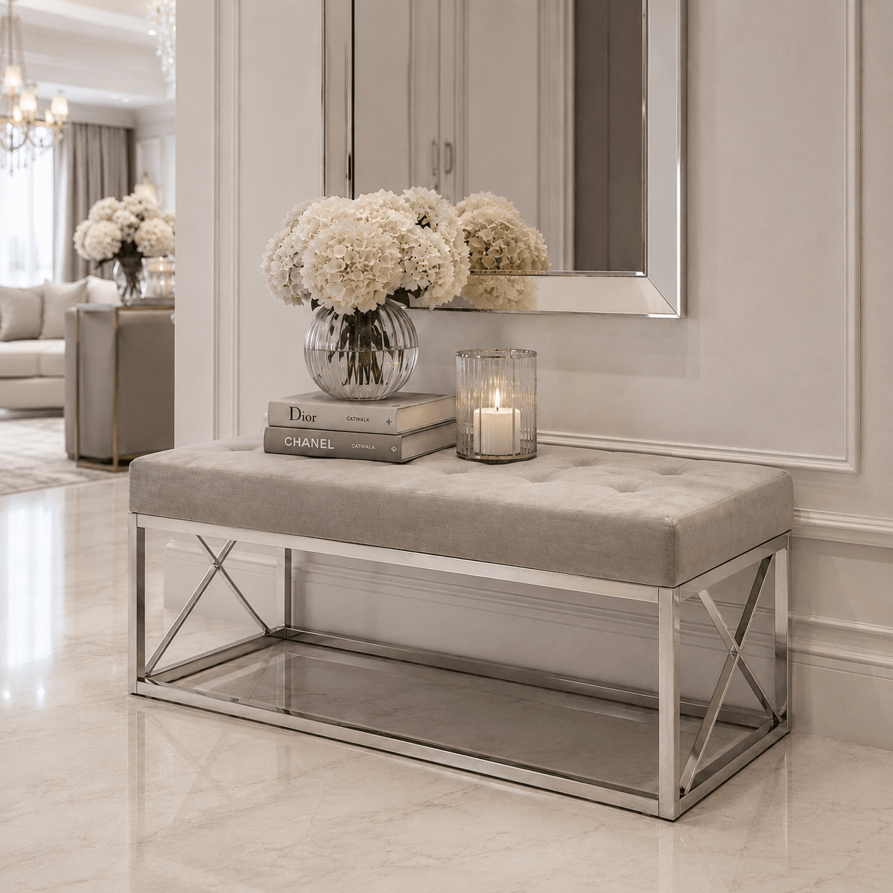 Burnaby Silver & Mink Velvet Tufted Bench Furniture