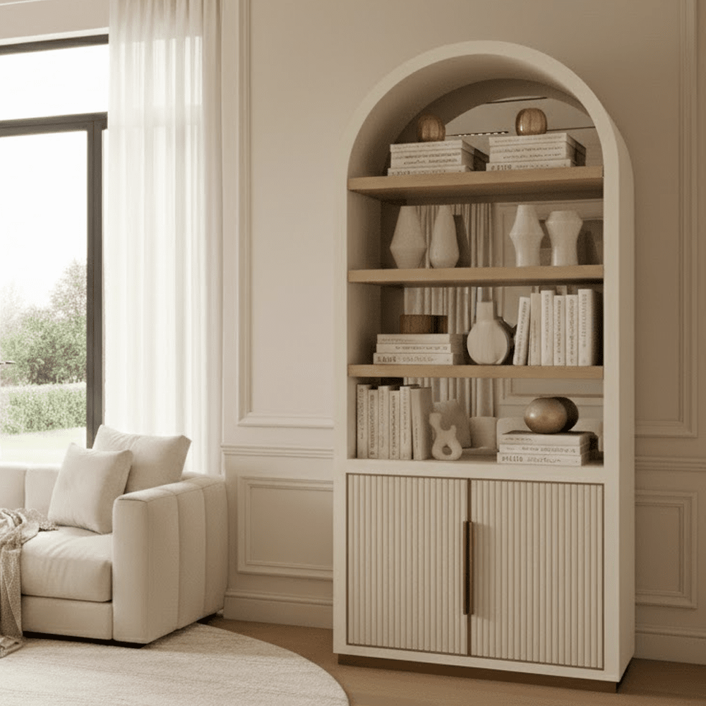 Camille Luxury Cream & Gold Ribbed Arched Shelving Unit Furniture