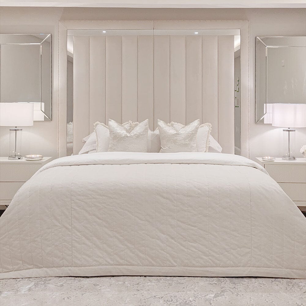 Chelsea Cream Velvet Mirrored Studded Premium Channelled Headboard Beds and Headboards