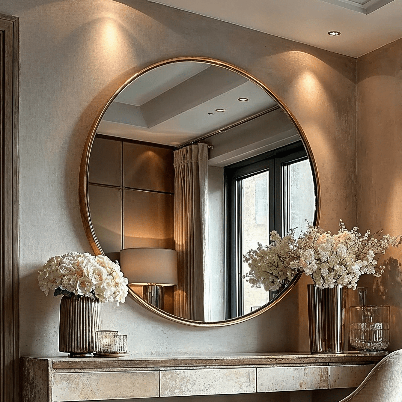 Claudia Brushed Gold Large Slim Frame Round Wall Mirror Accessories