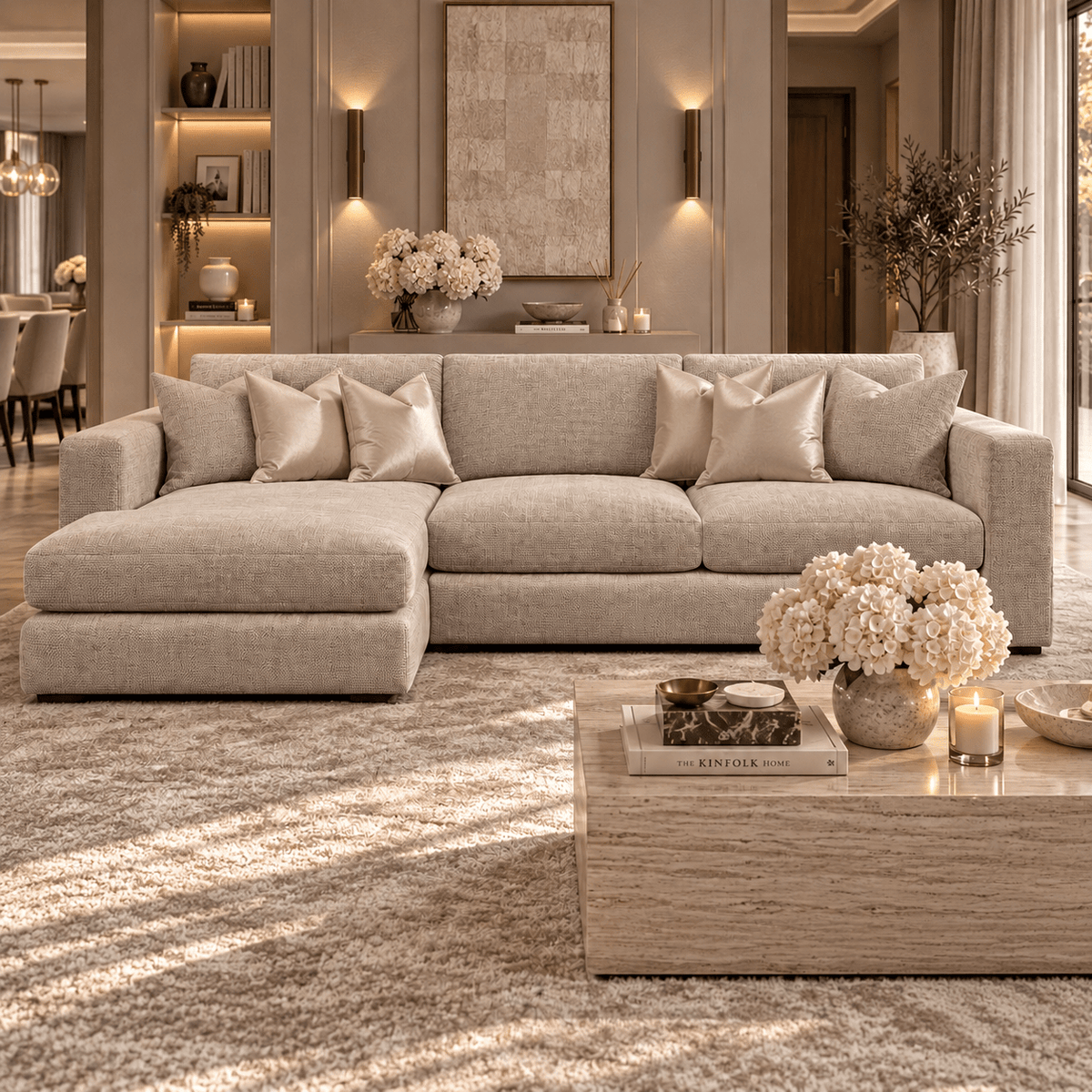 Cleo Luxe Chenille Oyster Sofa Range Sofa Small Chaise End Left Hand Facing