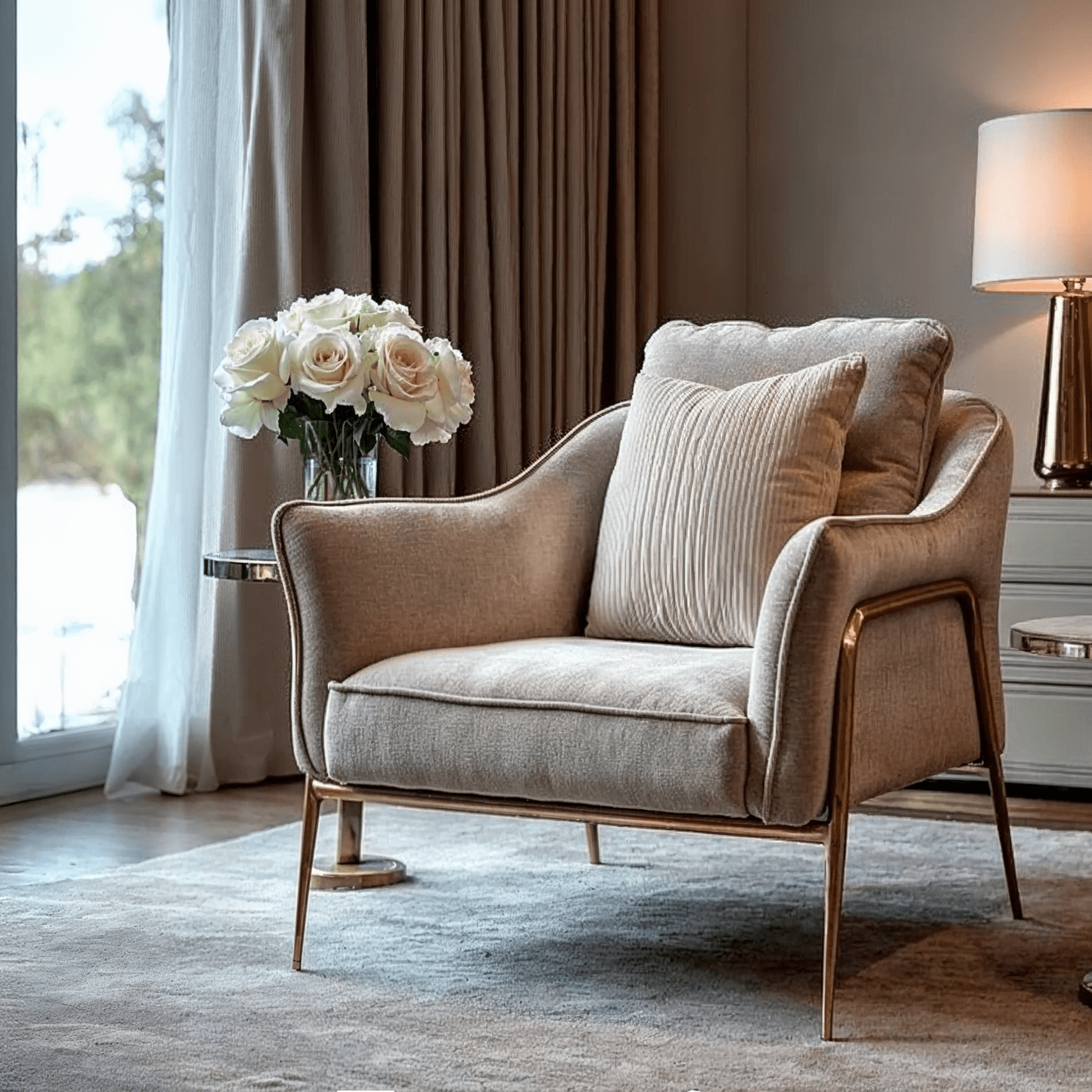 Colmar Mink Lounge Chair with Brushed Brass Legs Furniture