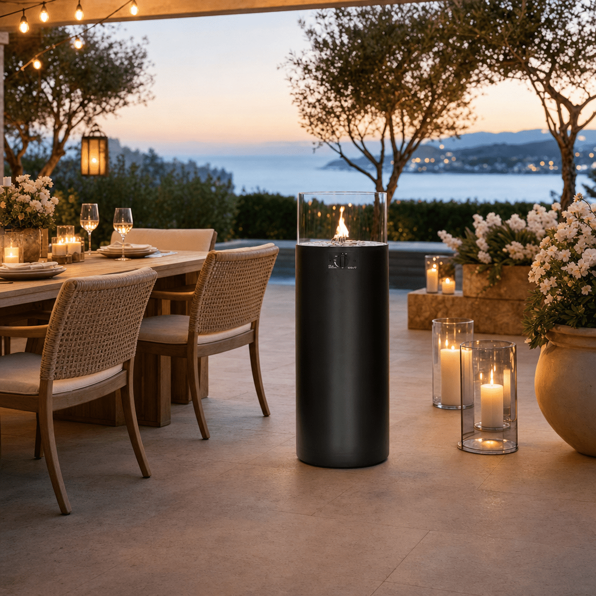 Corfu Black Outdoor Round Gas Pillar Lantern Outdoor