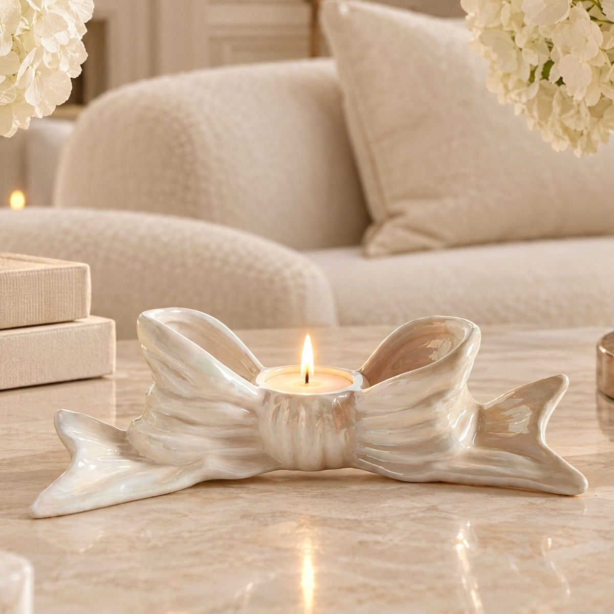 Cream Pearlescent Decorative Bow Candlestick Holder Accessories