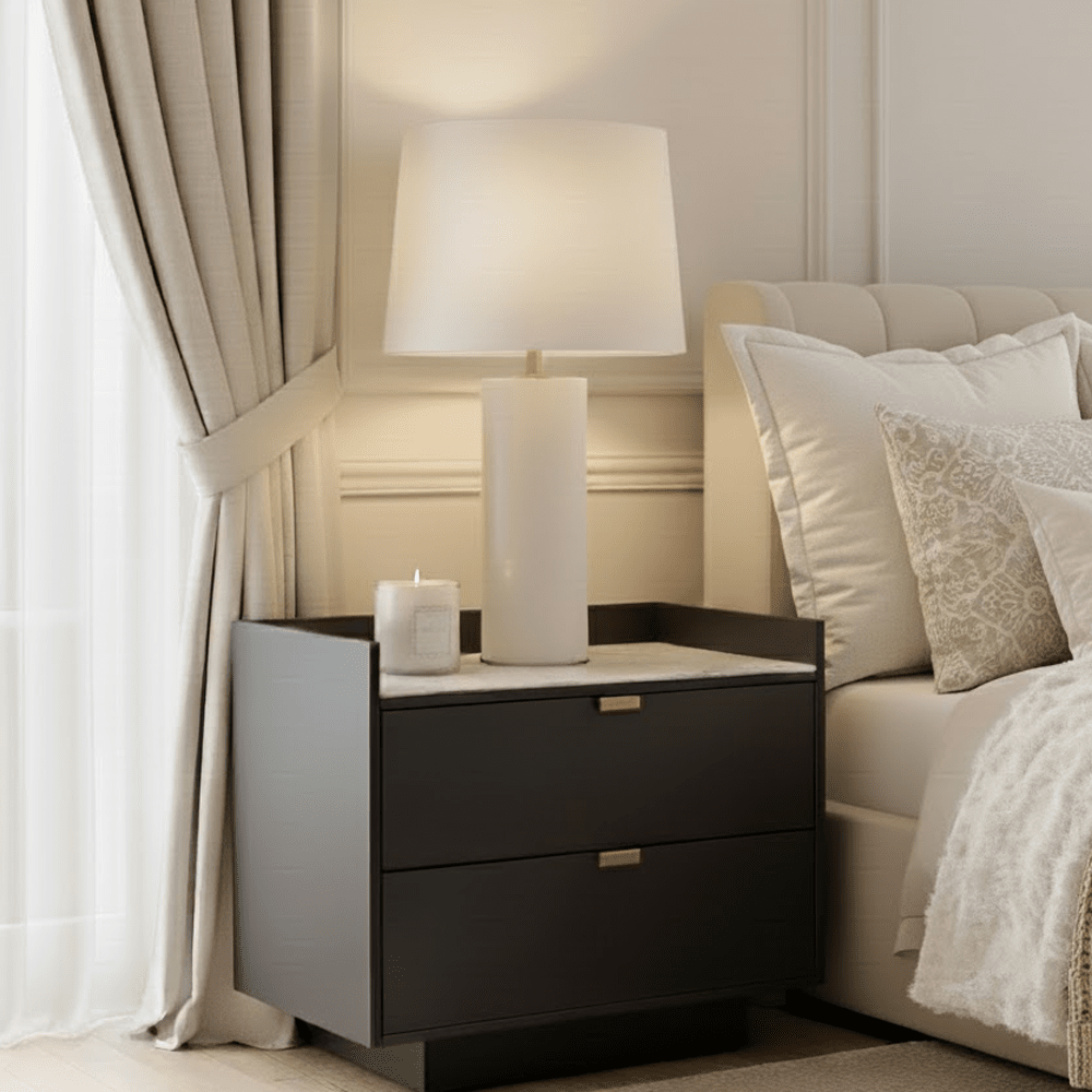 Cyra Dark Grey Luxury Oak 2 Door Bedside Table with Marble Top Furniture