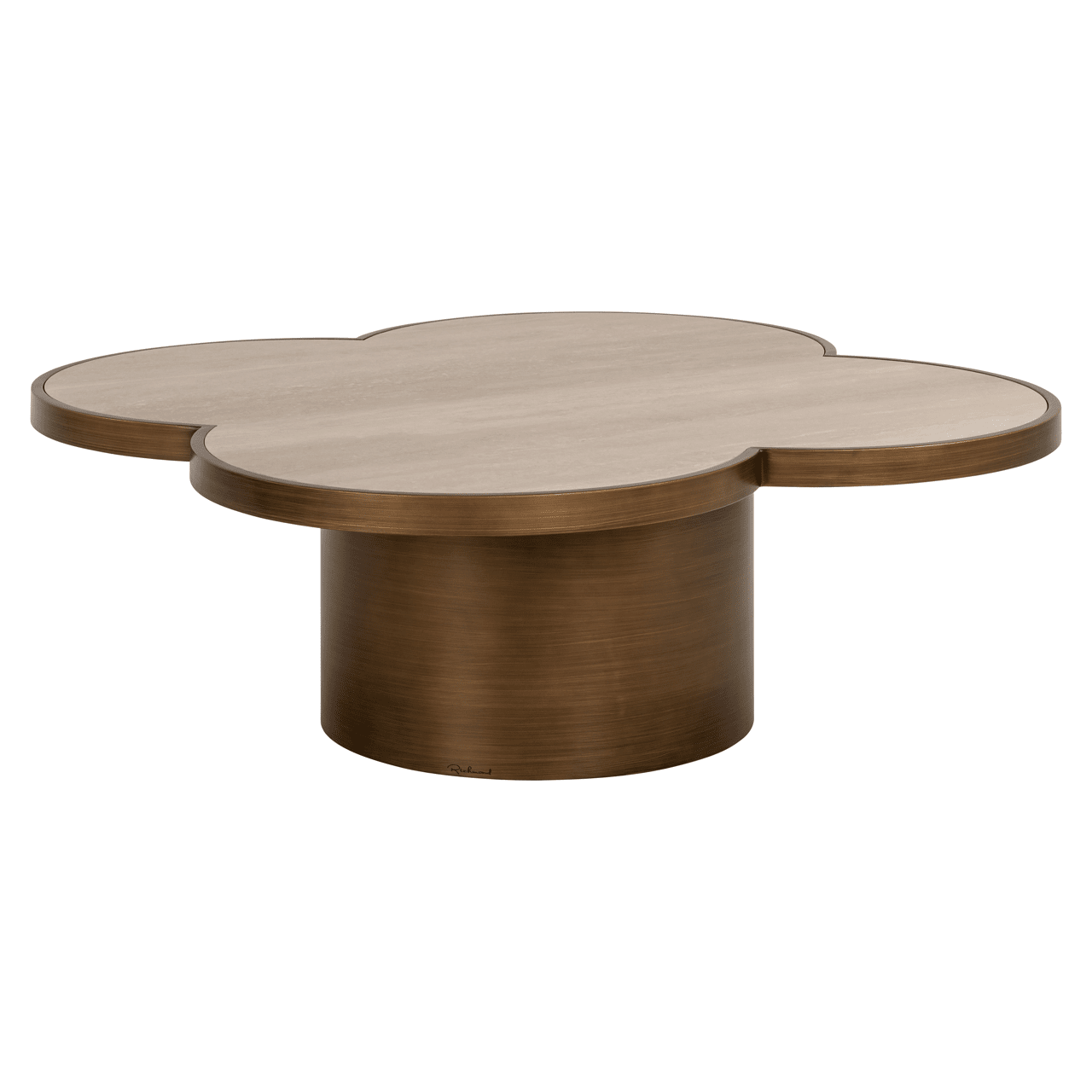 Delia Large Brushed Brass Clover Coffee Table with Travertine Top Furniture