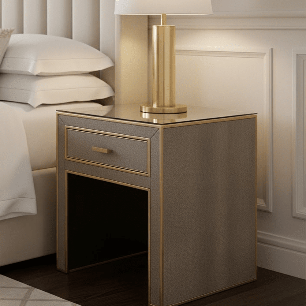 Demilla Luxury Shagreen 1 Drawer Bedside Table with Glass Top Furniture
