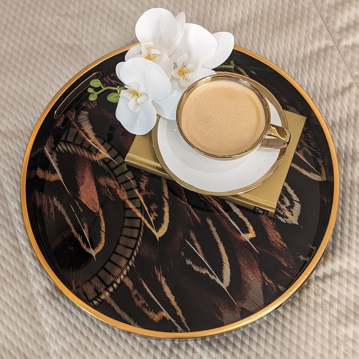 Doppio Black, Gold & Rust Feather Effect Round Decorative Tray Accessories