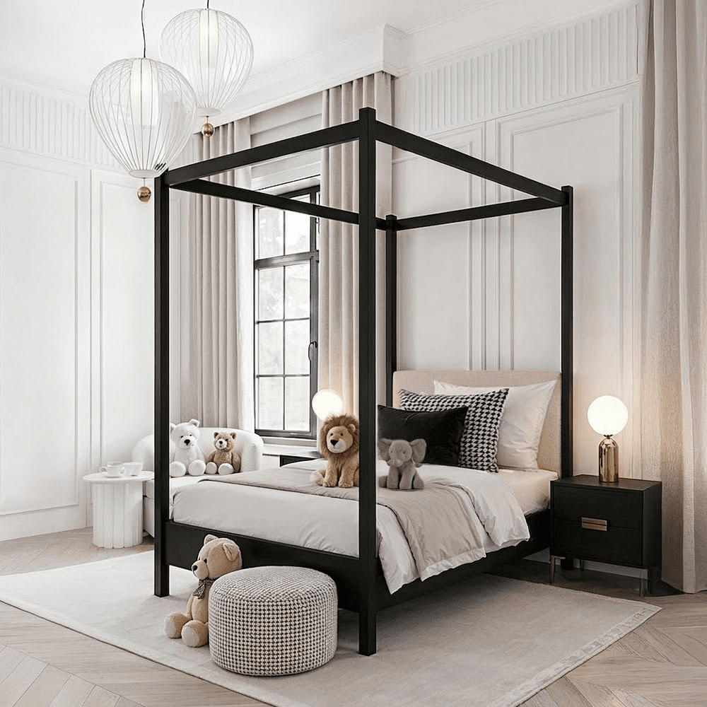 Eden Black 4 Poster Wooden Bed with Cream Velvet Headboard- Single Beds and Headboards