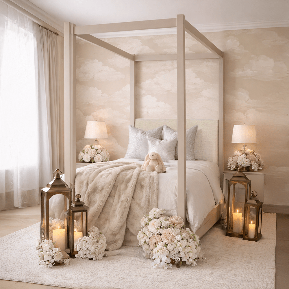 Eden Cream 4 Poster Wooden Bed with Cream Velvet Headboard- Single Beds and Headboards