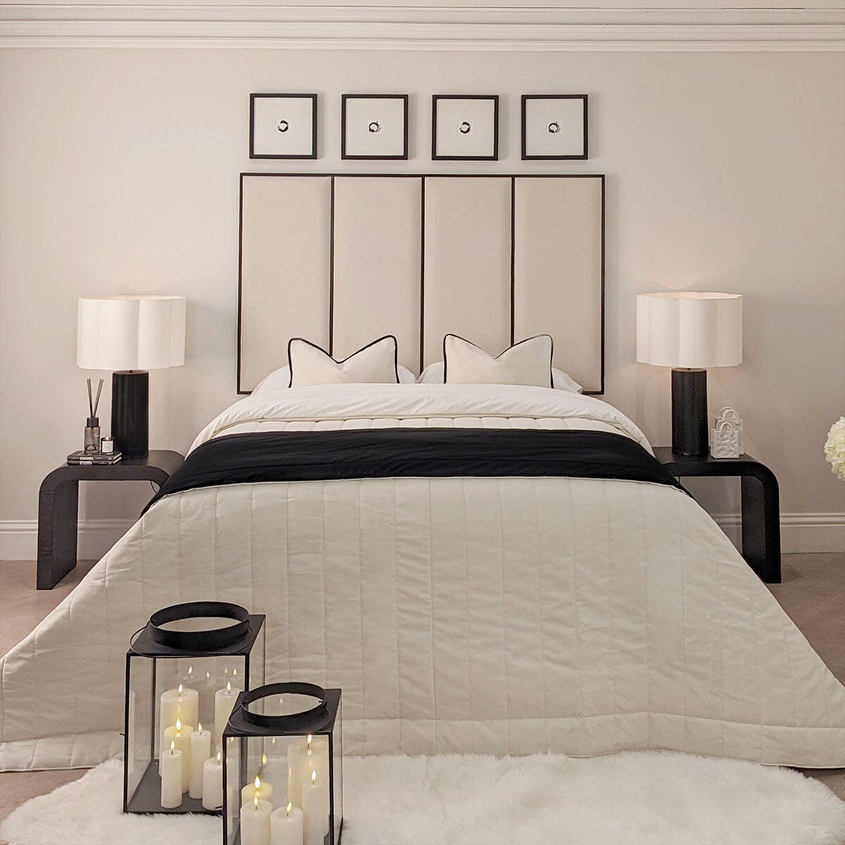 Elodie Premium Cream Velvet Headboard with Black Wooden Inlay Beds and Headboards