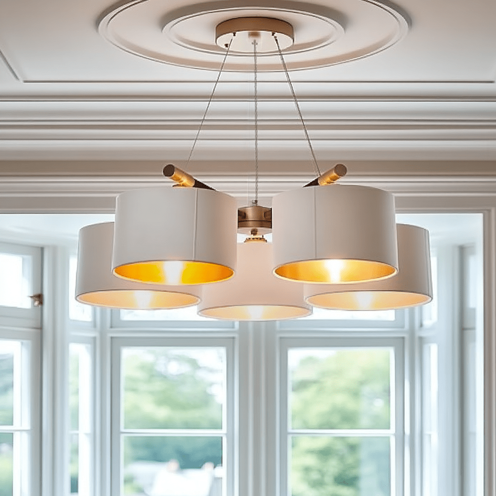 Esille Antique Brass 5 Light Chandelier with Gold Lined Shades Lighting