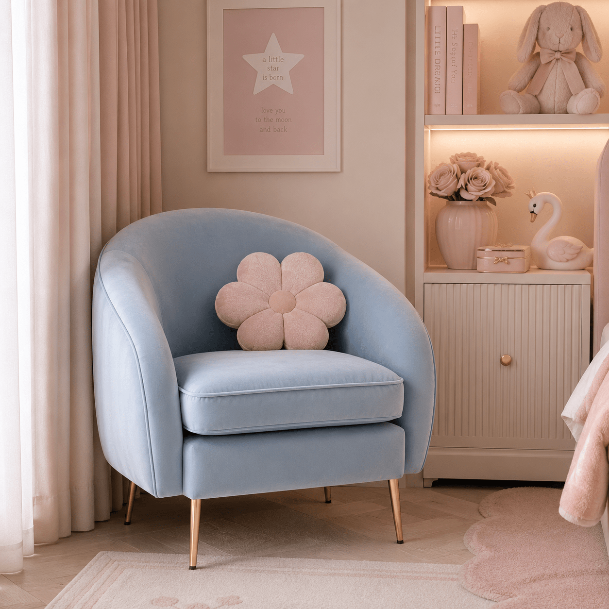 Etta Blue Velvet Curved Accent Chair with Gold Legs Furniture