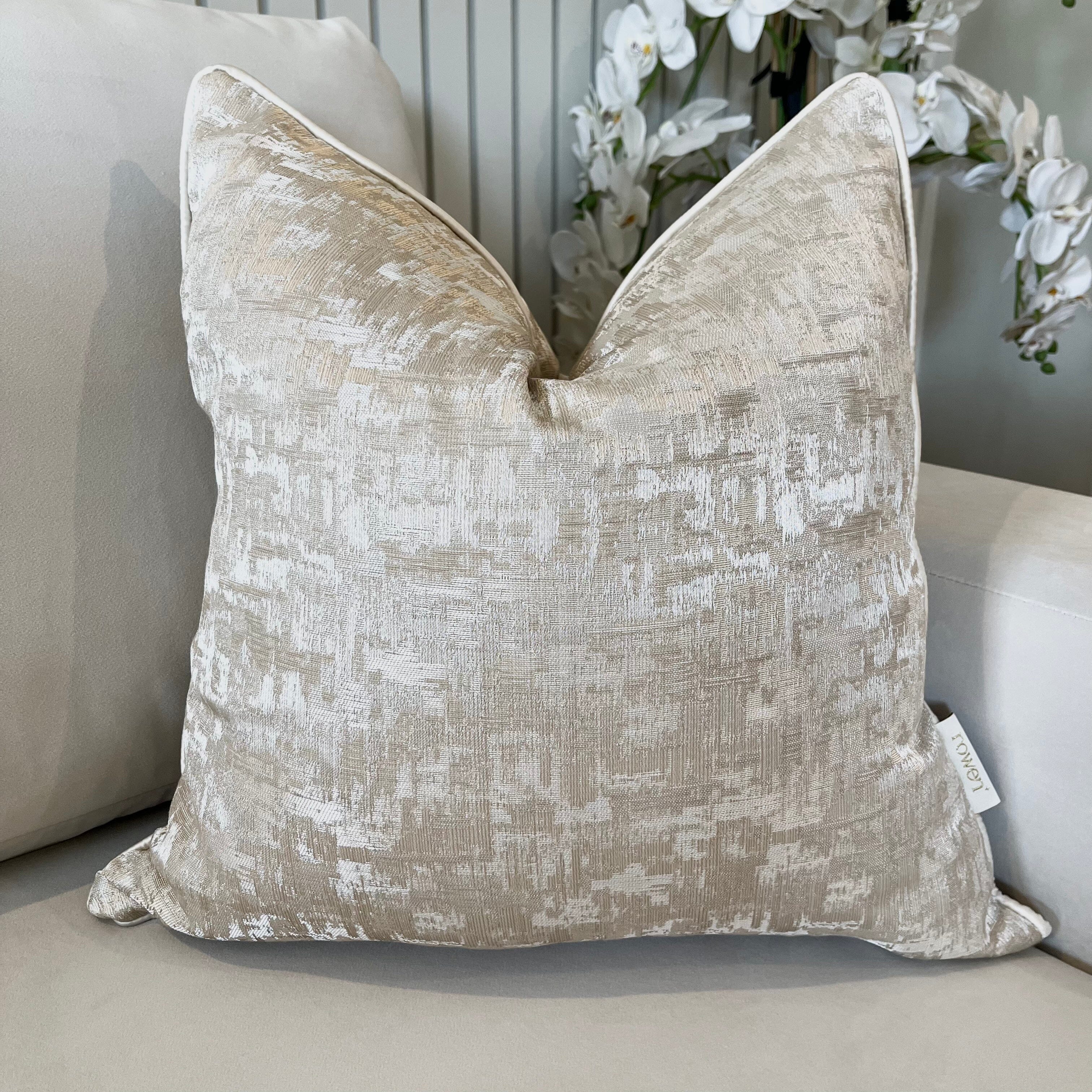 Evelyn Cream & Gold Metallic Patterned Feather Filled Cushion - 50x50cm