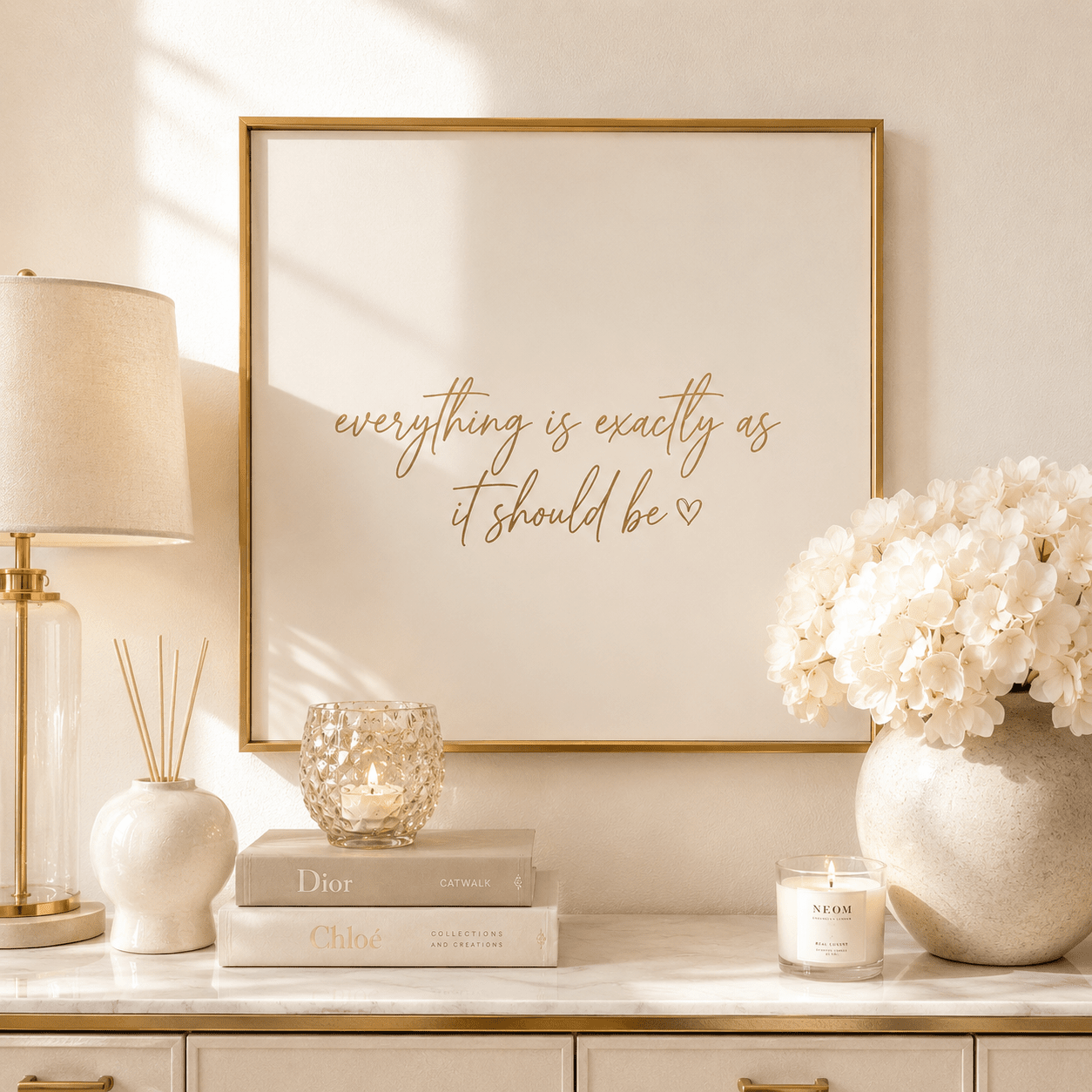 'Everything is Exactly as it Should Be' Cream & Gold Framed Canvas Wall Art Accessories