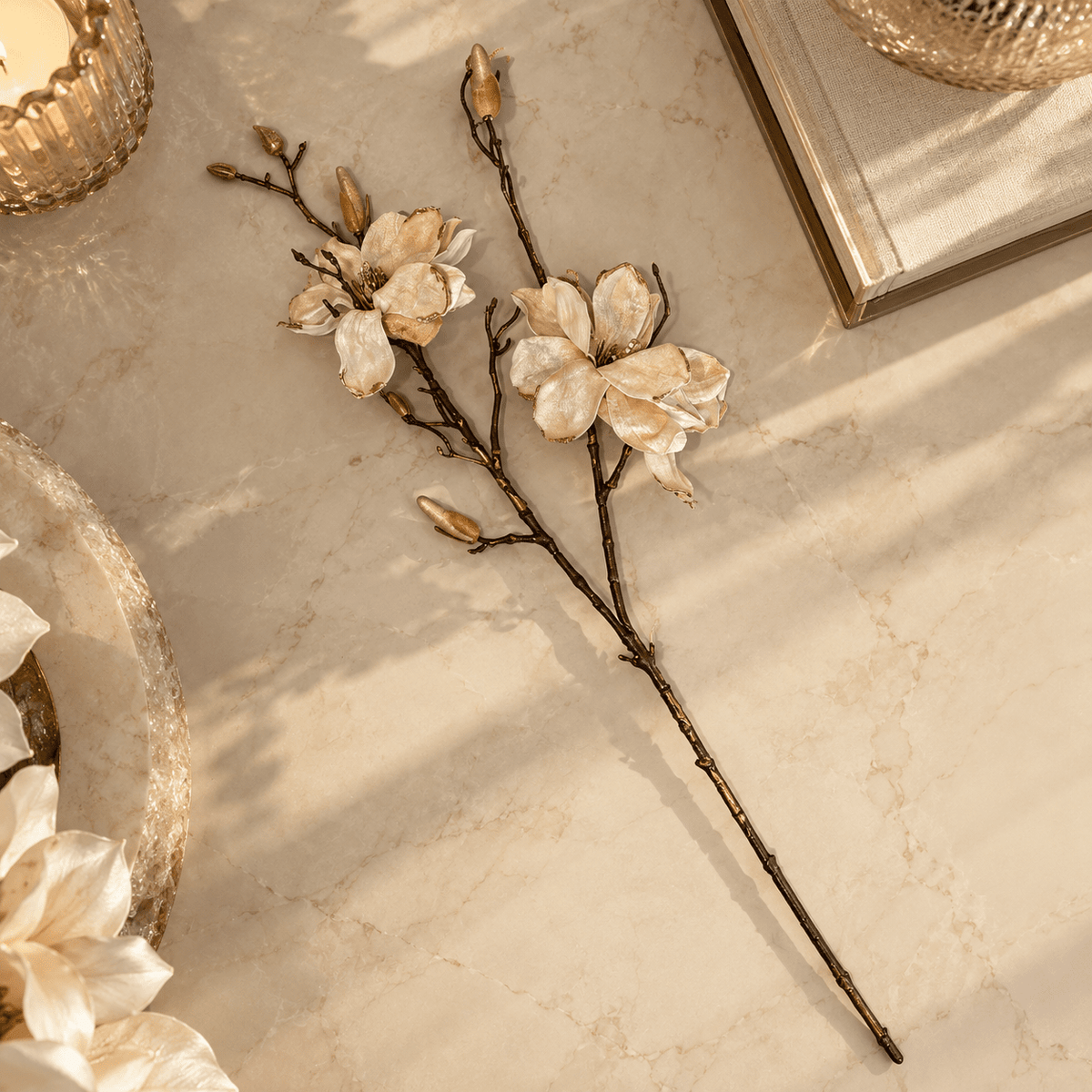 Faux Cream & Gold Magnolia Single Stem Floral Accessories