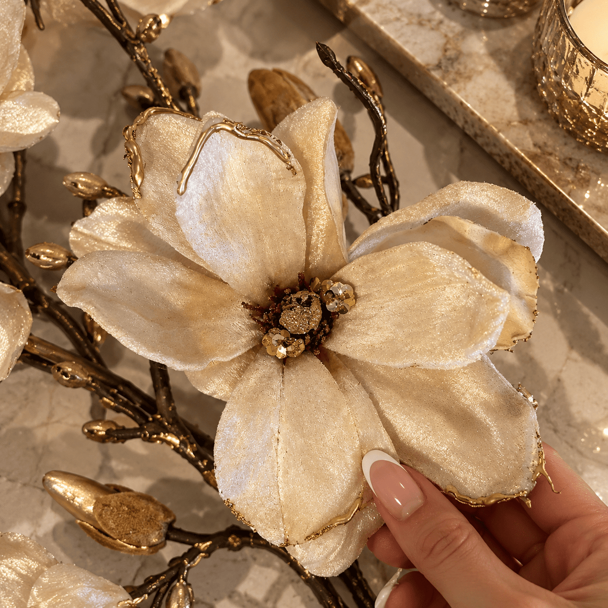 Faux Cream & Gold Magnolia Single Stem Floral Accessories