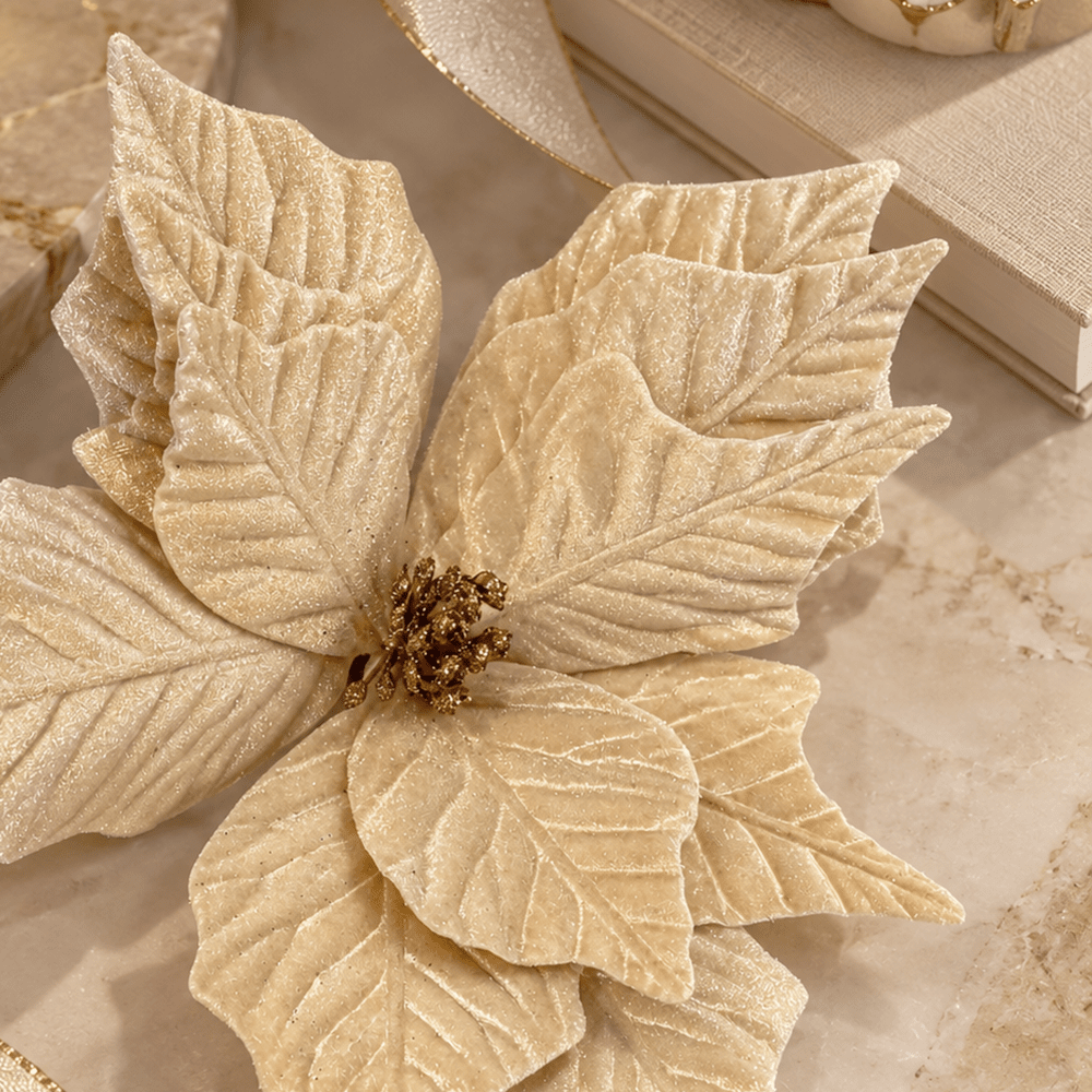Faux Cream & Gold Poinsettia Single Stem Floral Accessories