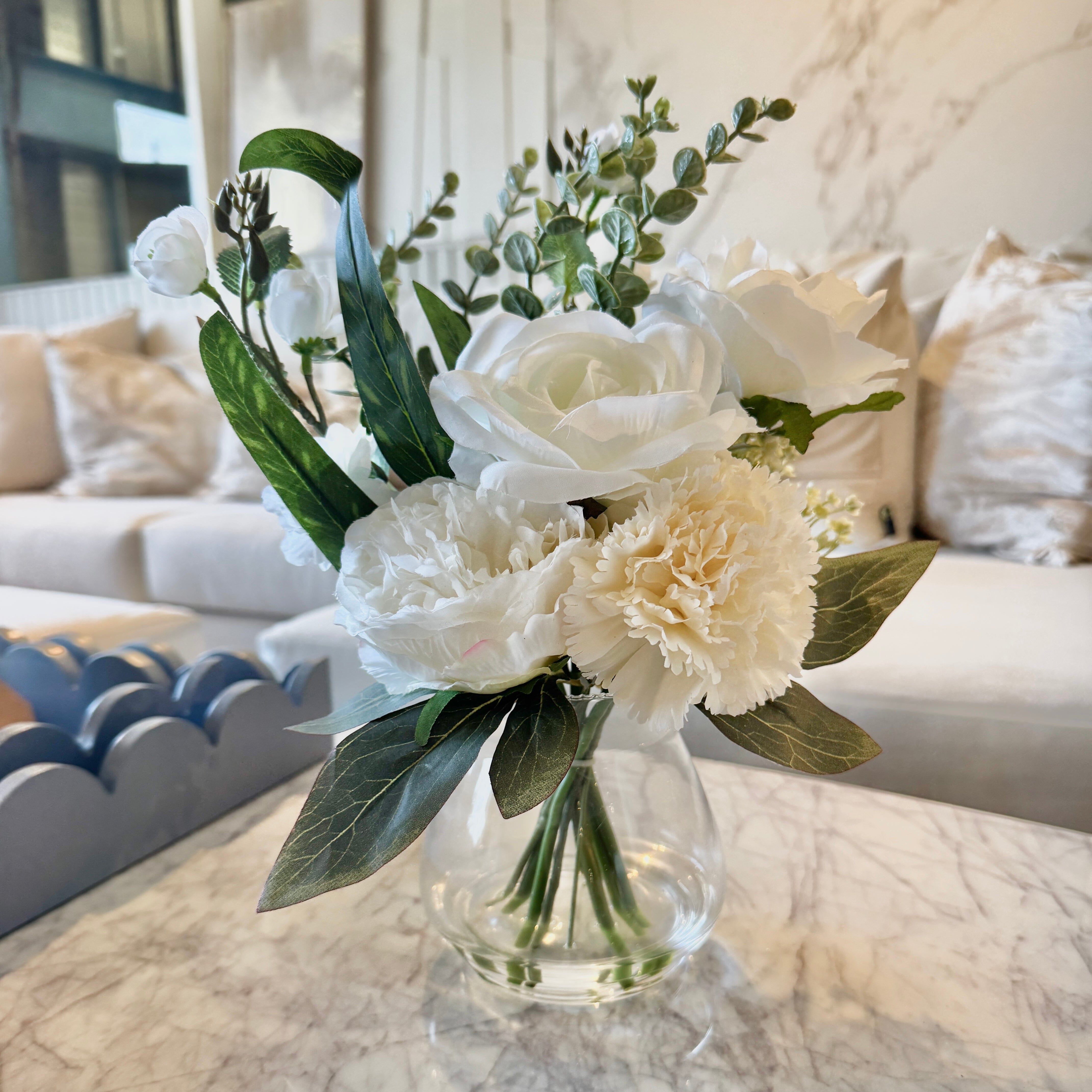 Faux Cream Rose Floral Arrangement in Glass Vase Accessories