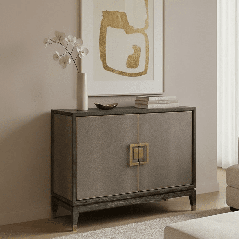 Felicia Luxury Black Wood & Shagreen 2 Door Sideboard with Brass Handles Furniture