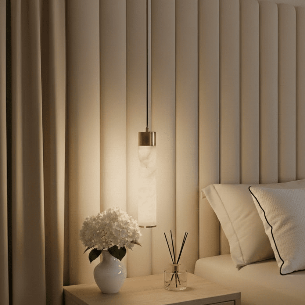 Fredrich Brass Cylindrical Pendant Ceiling Light with Marble Shade Lighting