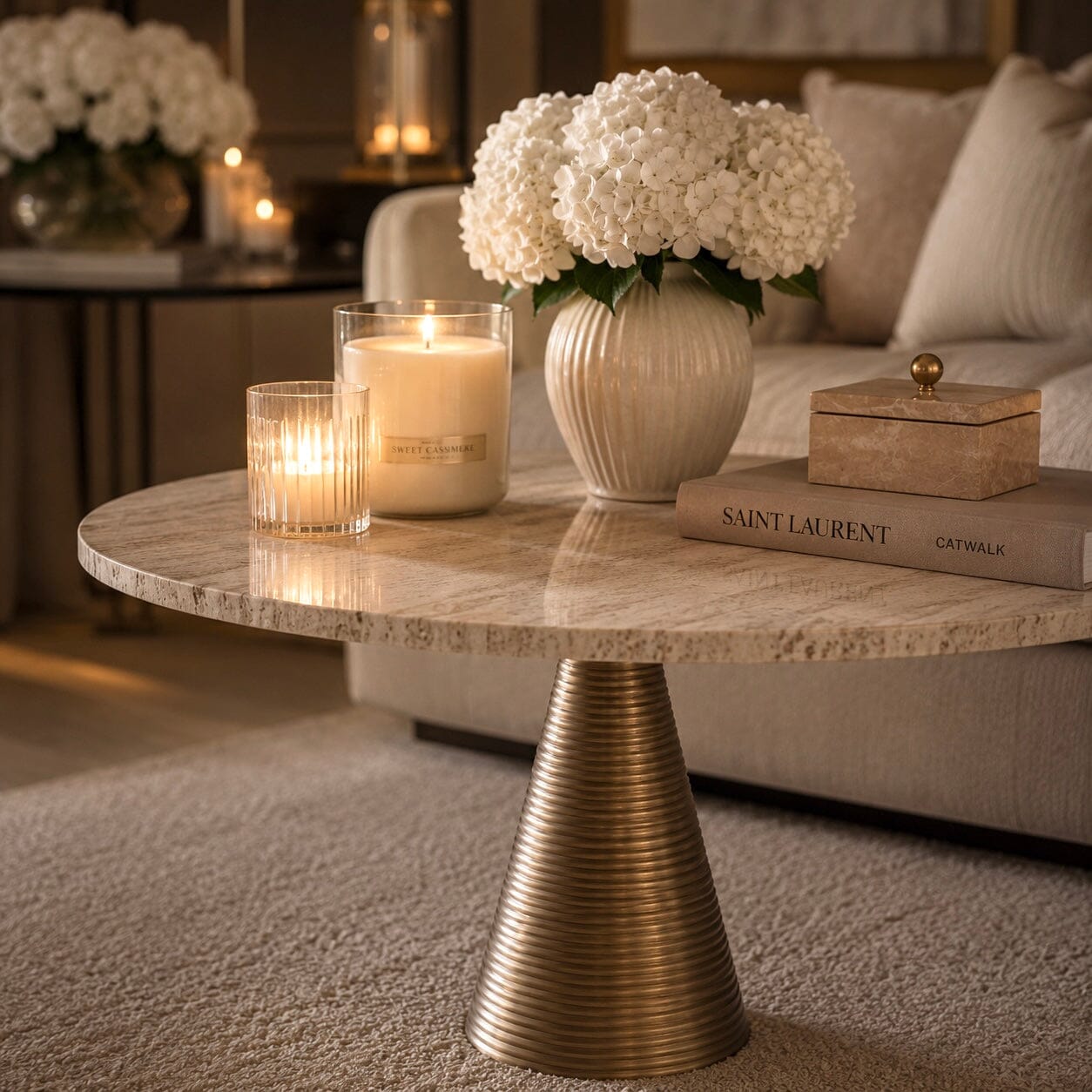 Gio Antique Brass Coffee Table with Travertine Top Furniture