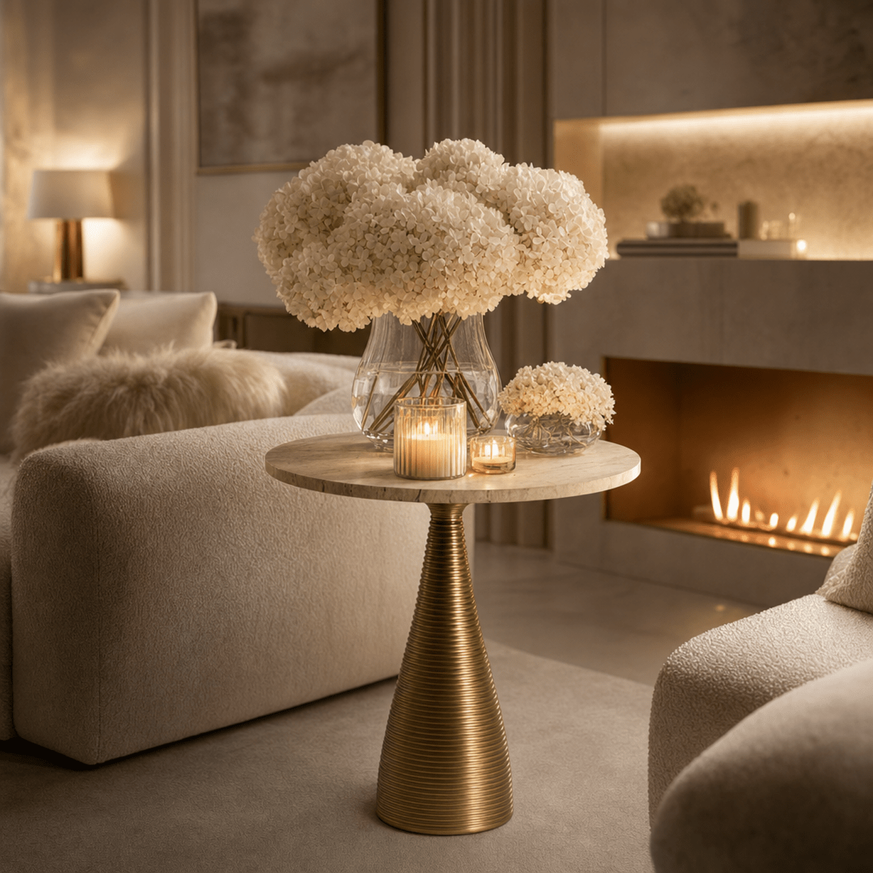 Gio Antique Brass Side Table with Travertine Top Furniture