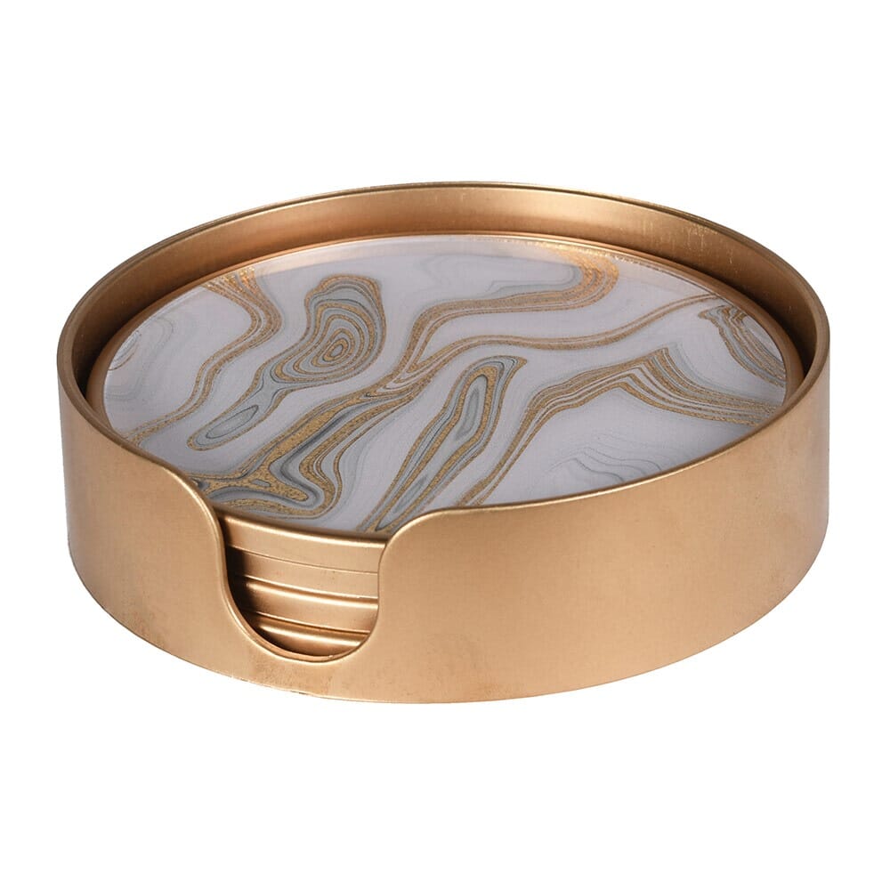 Gold Swirl Marble Effect Coasters with Gold Holder - Set of 4 Accessories