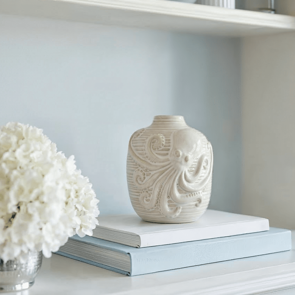 Grayson Cream Striped 3D Octopus Detail Vase Accessories
