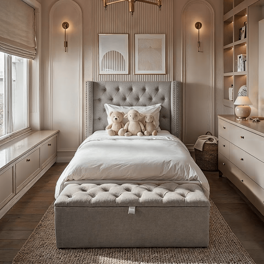 Harper Classic Luxury Grey Tweed Buttoned Silver Stud Wing Chunky Bed - Single Beds and Headboards