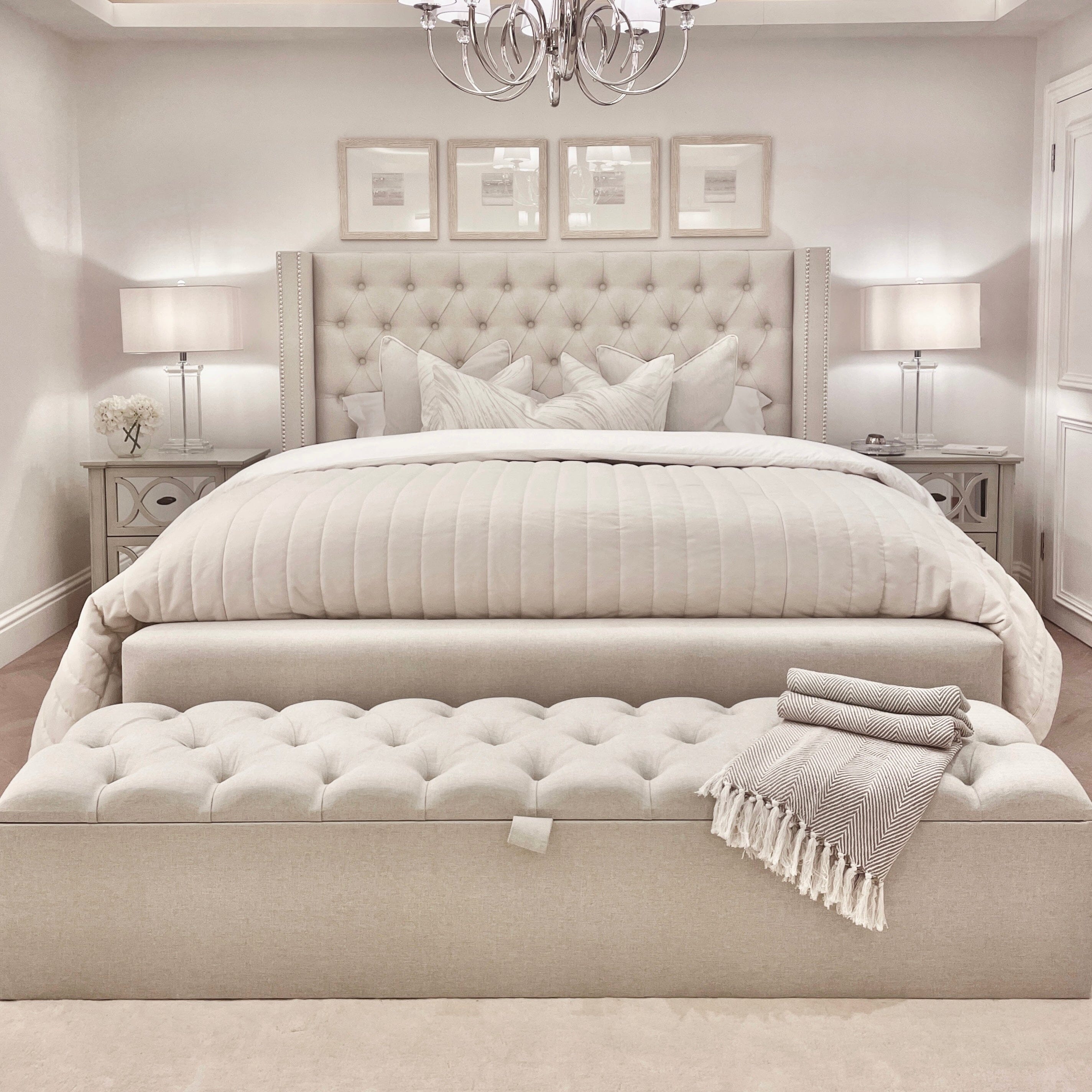 Harper Classic Luxury Grey Tweed Buttoned Silver Stud Wing Chunky Ottoman Storage Bed Beds and Headboards