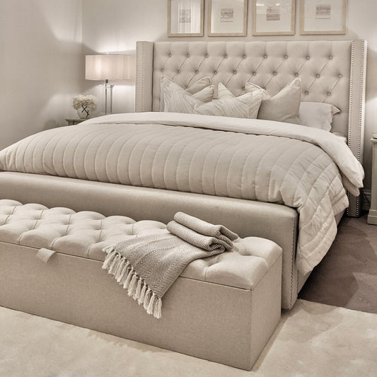 Harper Classic Luxury Grey Tweed Buttoned Silver Stud Wing Chunky Ottoman Storage Bed Beds and Headboards