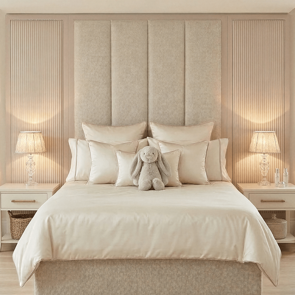 Harrington Almond Woven Channelled Headboard with Soft Pink Frame & Pink Stripe Accent Wings Beds and Headboards