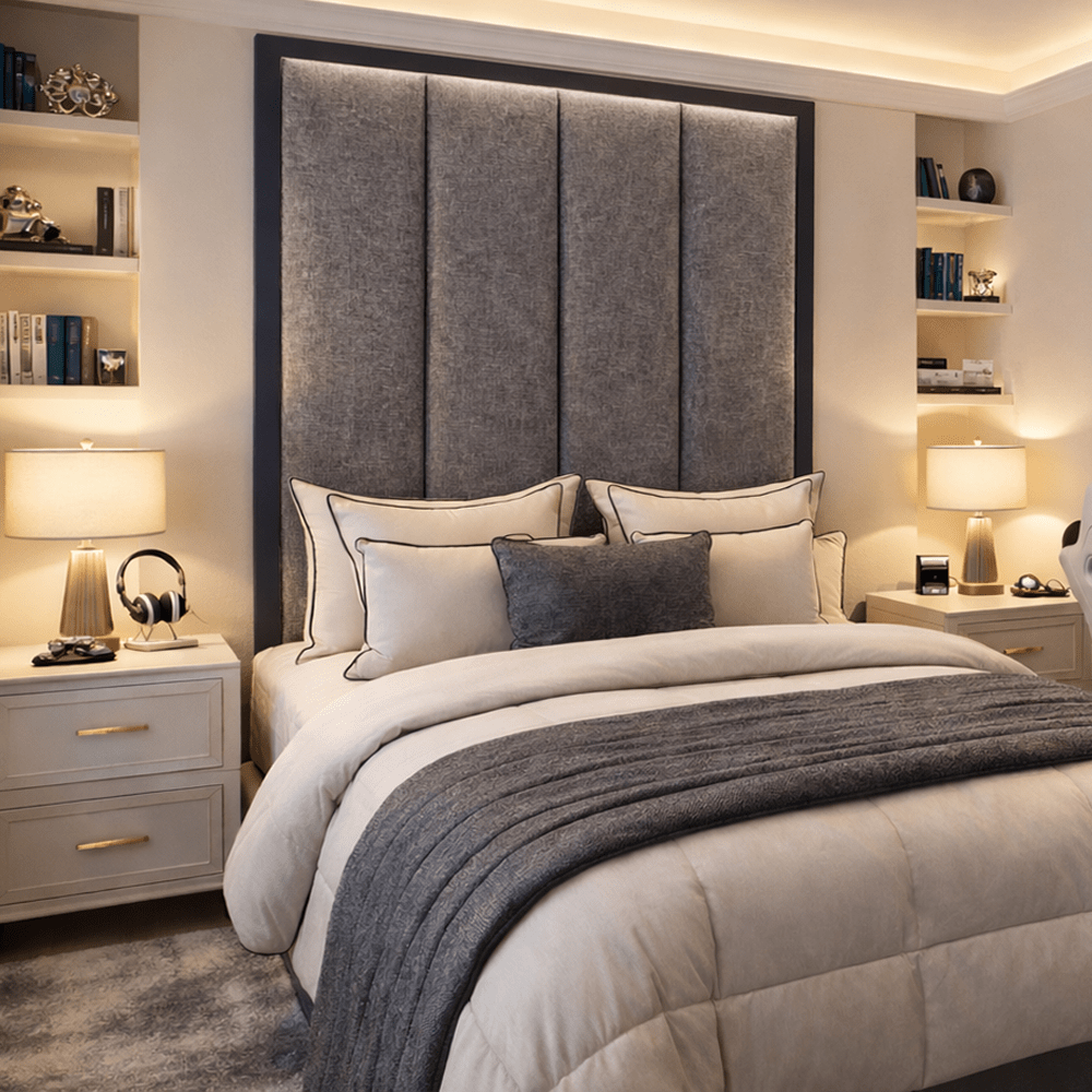 Harrington Graphite Woven Channelled Headboard with Petrol Frame Beds and Headboards
