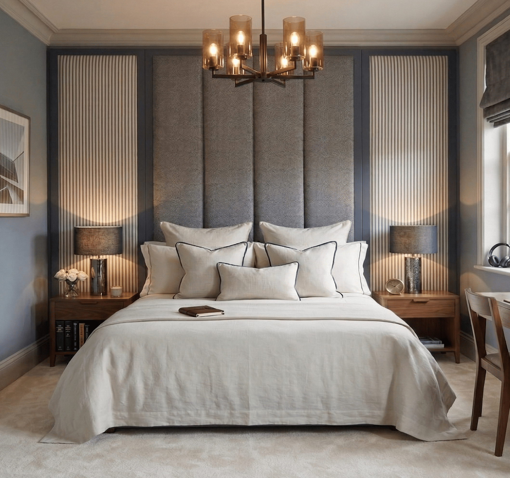 Harrington Graphite Woven Channelled Headboard with Petrol Frame & Blue Striped Accent Wings Beds and Headboards