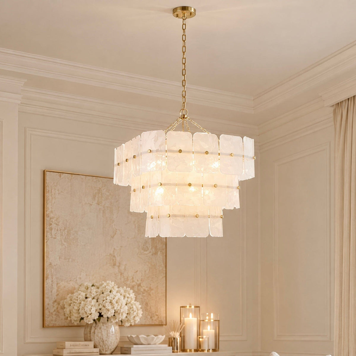 Hattie White Tinted Glass 3 Tier Chandelier Lighting