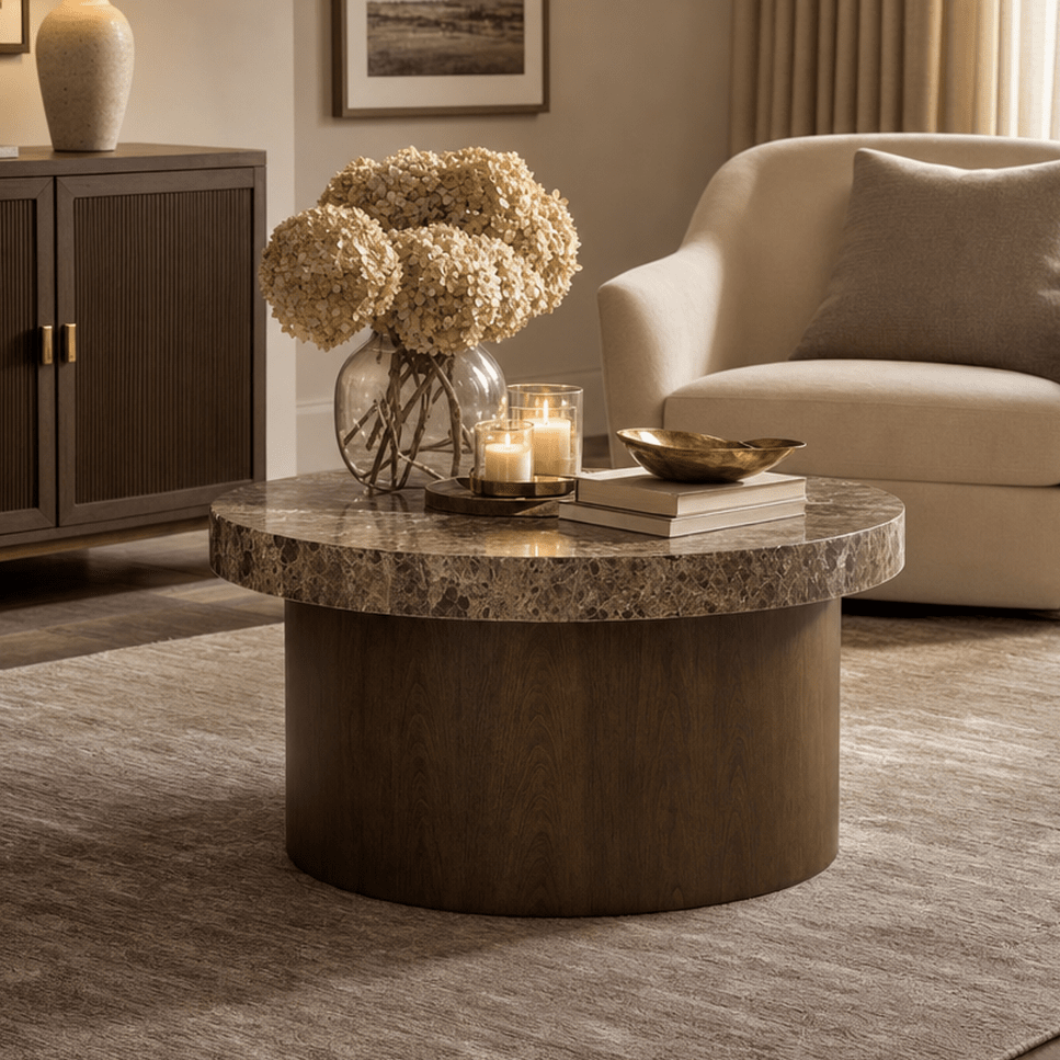 Henman Walnut Round Coffee Table with Dark Marble Top Furniture