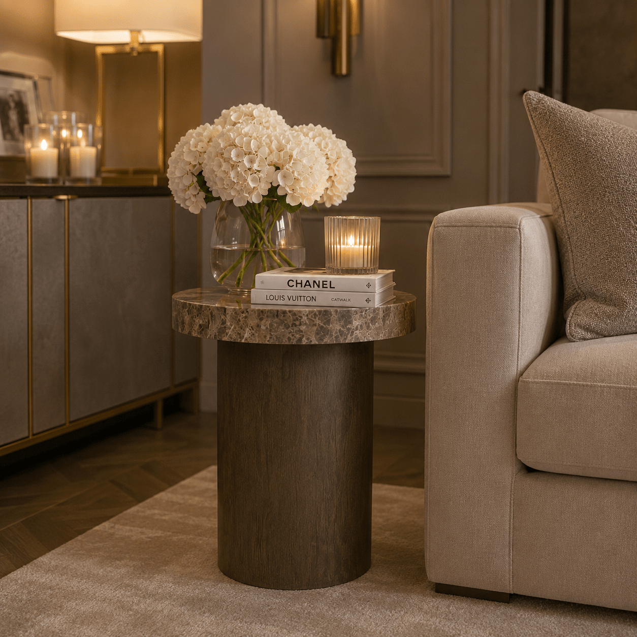 Henman Walnut Round Side Table with Dark Marble Top Furniture