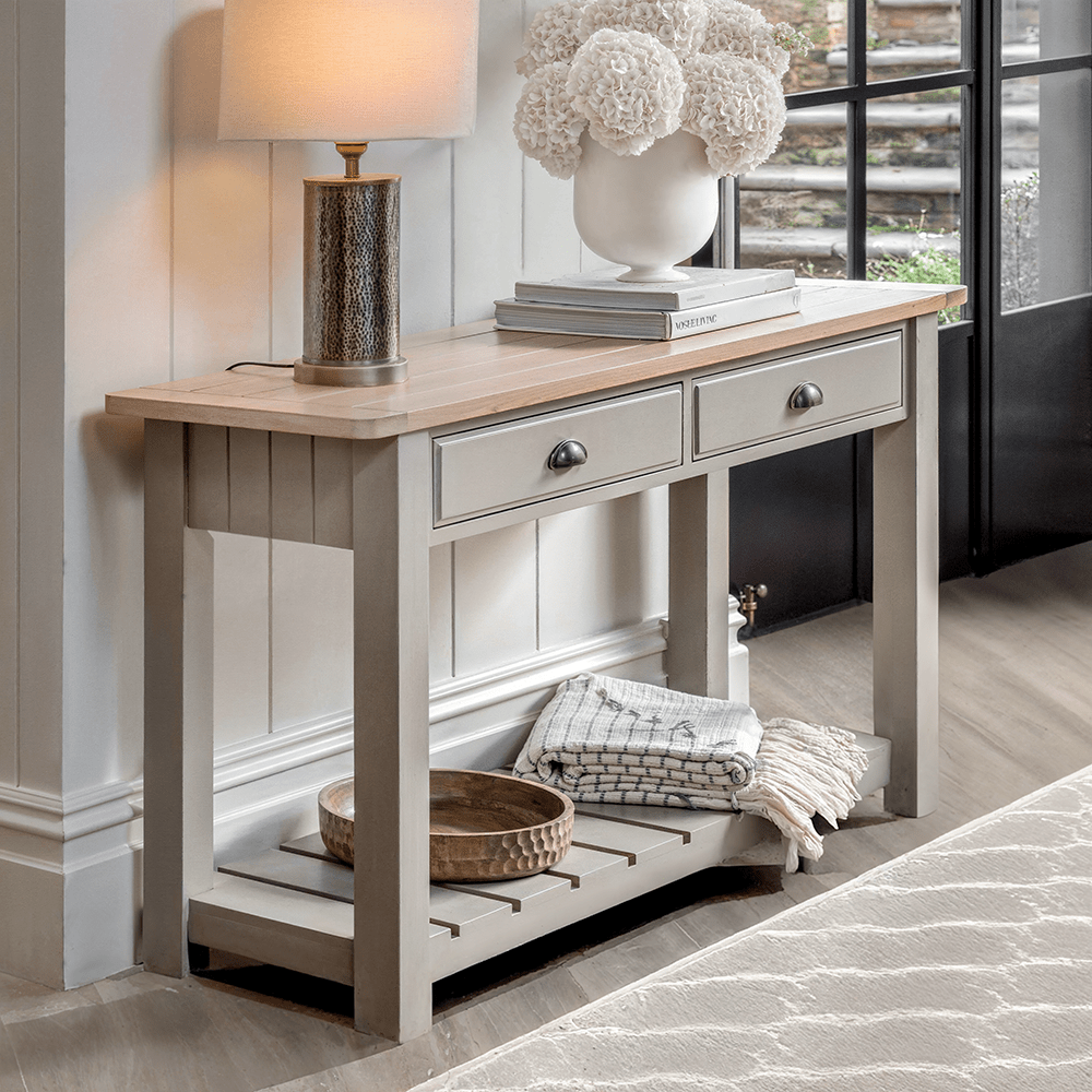 Highclere Sage Green Painted 2 Drawer Console Table with Oak Top Furniture