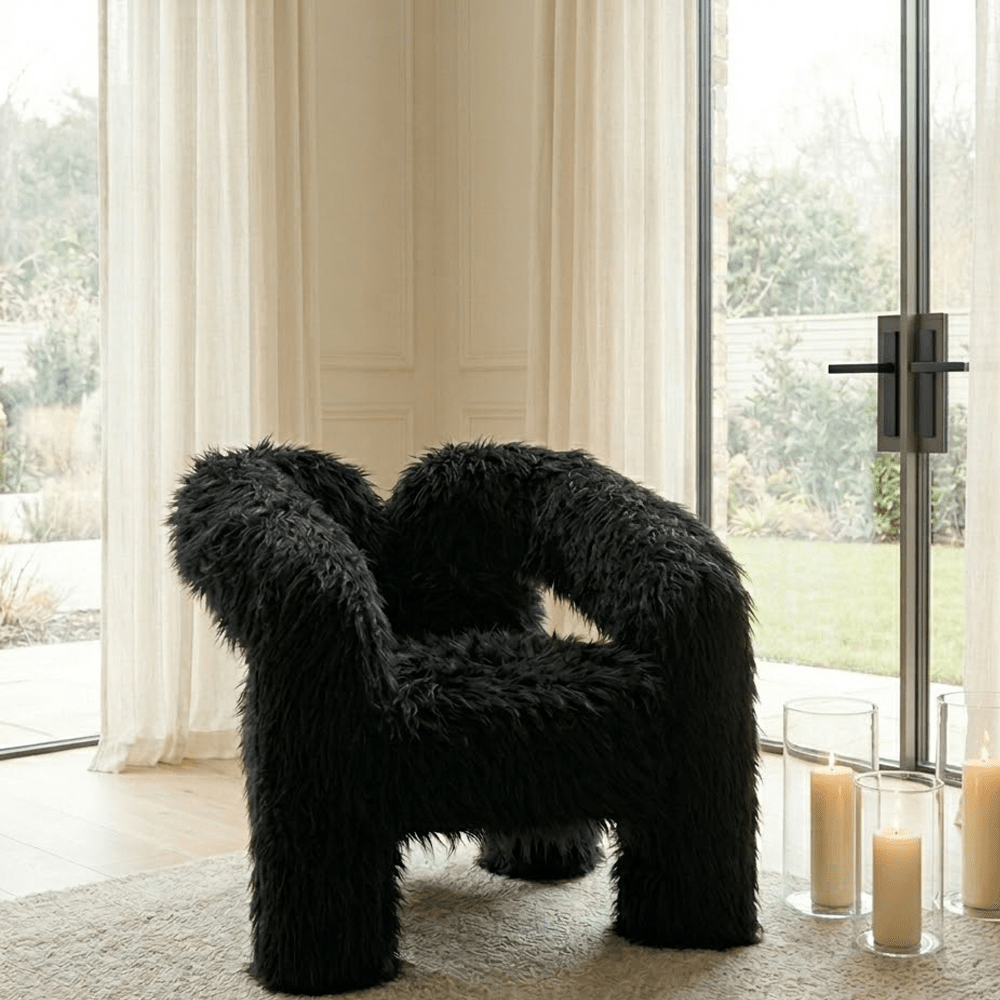 Himalaya Black Faux Fur Statement Curved Accent Chair Furniture
