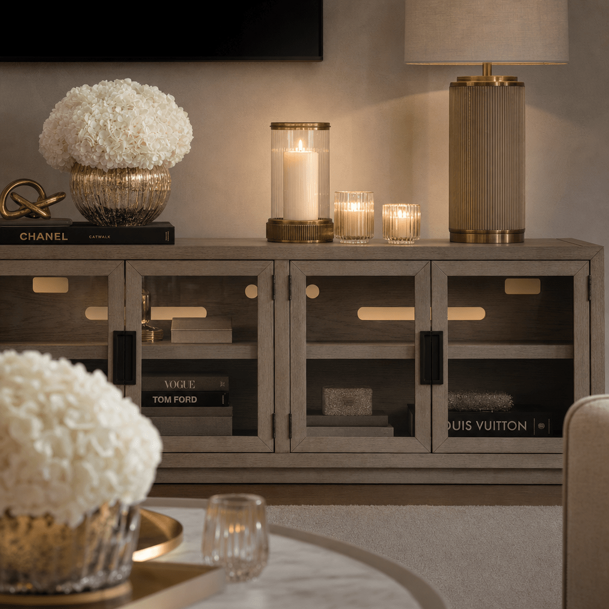Hudson Greige 4 Door Glass Front Media Unit Furniture